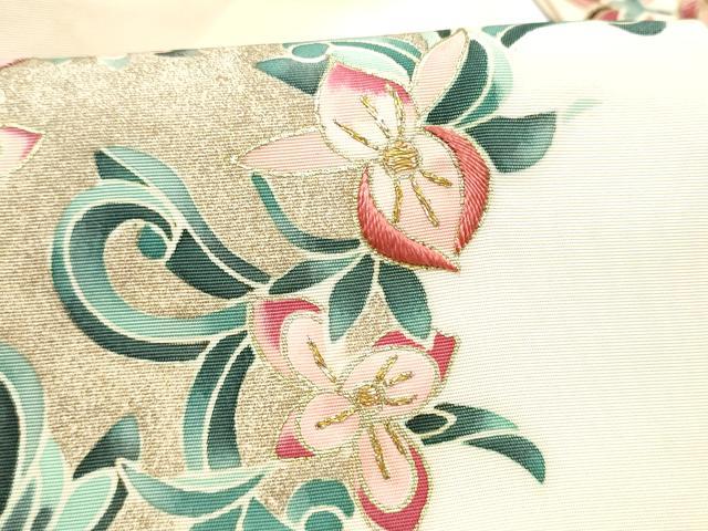 平和屋着物●塩瀬　九寸名古屋帯　刺繍　花唐草文　金彩　正絹　逸品　CABH4861hy