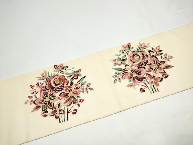 平和屋着物●塩瀬　九寸名古屋帯　刺繍　花唐草文　金彩　正絹　逸品　CABH4861hy