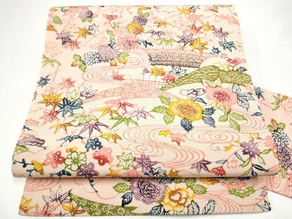 平和屋着物●全通柄　九寸名古屋帯　型染め　流水松竹梅花文　正絹　逸品　CABH4862hy