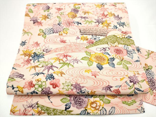 平和屋着物●全通柄　九寸名古屋帯　型染め　流水松竹梅花文　正絹　逸品　CABH4862hy