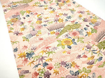 平和屋着物●全通柄　九寸名古屋帯　型染め　流水松竹梅花文　正絹　逸品　CABH4862hy