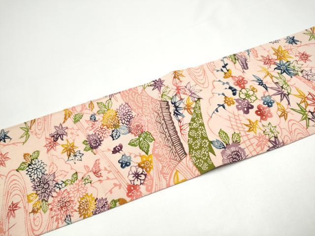 平和屋着物●全通柄　九寸名古屋帯　型染め　流水松竹梅花文　正絹　逸品　CABH4862hy
