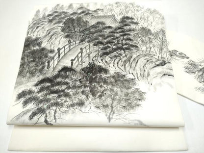 平和屋着物●塩瀬　九寸名古屋帯　作家物　手描き　風景文　正絹　逸品　CABH4866hy