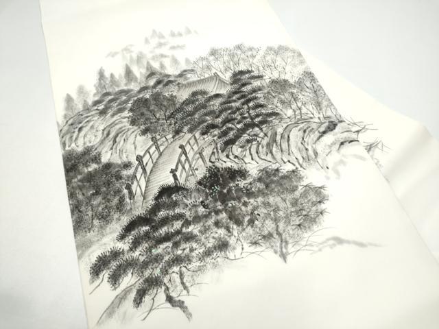 平和屋着物●塩瀬　九寸名古屋帯　作家物　手描き　風景文　正絹　逸品　CABH4866hy