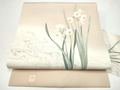 平和屋着物●塩瀬　九寸名古屋帯　作家物　草花文　墨流し文様　正絹　逸品　CABH4869hy