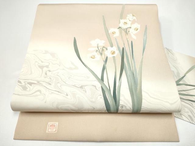 平和屋着物●塩瀬　九寸名古屋帯　作家物　草花文　墨流し文様　正絹　逸品　CABH4869hy