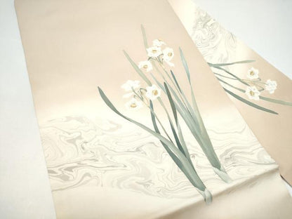 平和屋着物●塩瀬　九寸名古屋帯　作家物　草花文　墨流し文様　正絹　逸品　CABH4869hy