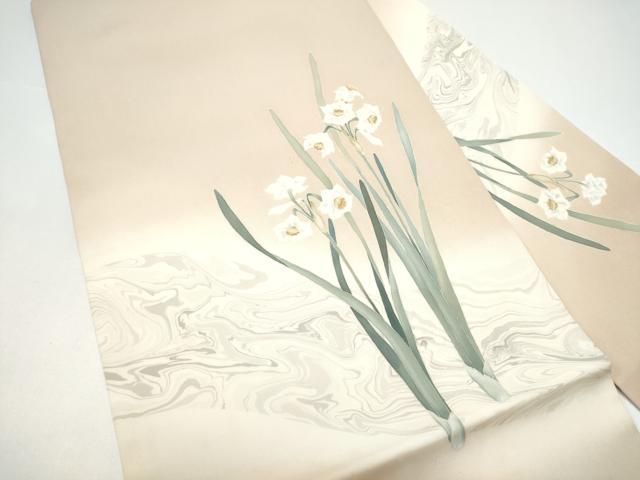 平和屋着物●塩瀬　九寸名古屋帯　作家物　草花文　墨流し文様　正絹　逸品　CABH4869hy