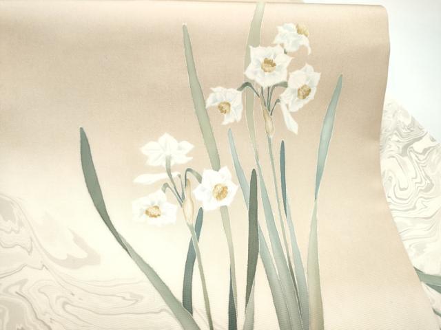 平和屋着物●塩瀬　九寸名古屋帯　作家物　草花文　墨流し文様　正絹　逸品　CABH4869hy