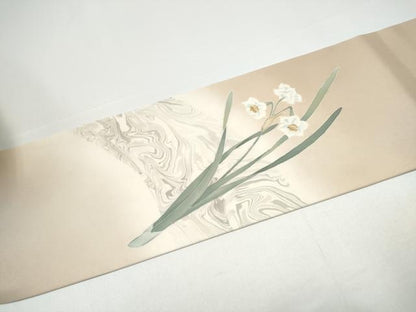 平和屋着物●塩瀬　九寸名古屋帯　作家物　草花文　墨流し文様　正絹　逸品　CABH4869hy