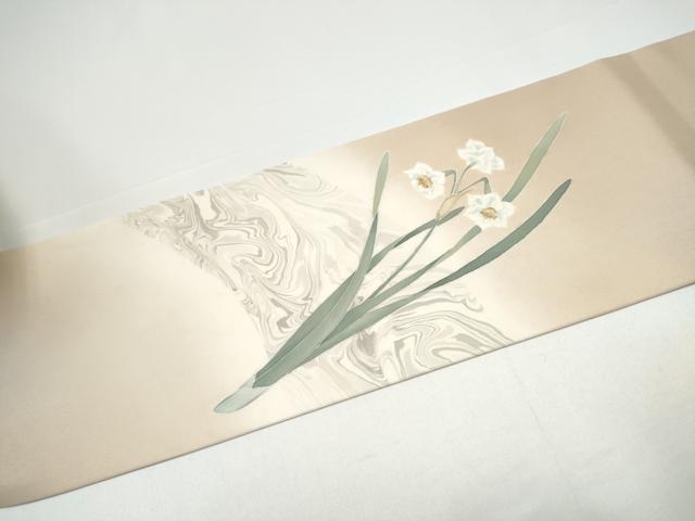 平和屋着物●塩瀬　九寸名古屋帯　作家物　草花文　墨流し文様　正絹　逸品　CABH4869hy