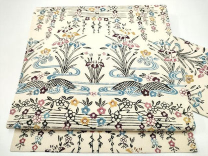 平和屋着物●九寸名古屋帯　型染め　流水草花文　鬼しぼ縮緬　正絹　逸品　CABH4871hy