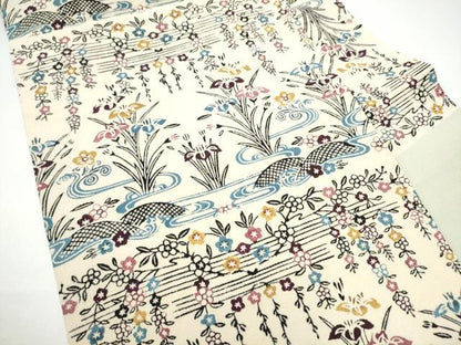 平和屋着物●九寸名古屋帯　型染め　流水草花文　鬼しぼ縮緬　正絹　逸品　CABH4871hy