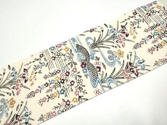 平和屋着物●九寸名古屋帯　型染め　流水草花文　鬼しぼ縮緬　正絹　逸品　CABH4871hy