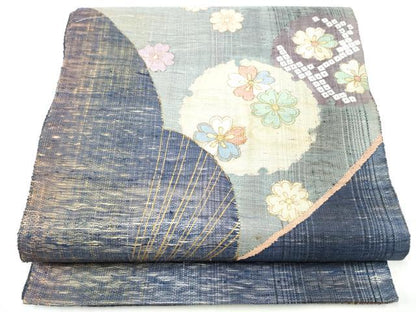 平和屋着物▽両面　太鼓柄袋帯　スリーシーズン　春夏秋　すくい織　扇面雪輪花文　金彩　正絹　逸品　CABH4893hy