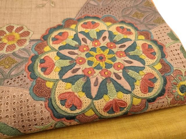 平和屋着物●中国三大刺繍　スワトウ相良刺繍　総刺繍　太鼓柄袋帯　紬地　正倉院花文　正絹　逸品　CABH4908hy