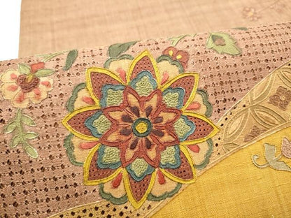 平和屋着物●中国三大刺繍　スワトウ相良刺繍　総刺繍　太鼓柄袋帯　紬地　正倉院花文　正絹　逸品　CABH4908hy