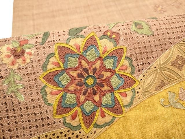 平和屋着物●中国三大刺繍　スワトウ相良刺繍　総刺繍　太鼓柄袋帯　紬地　正倉院花文　正絹　逸品　CABH4908hy