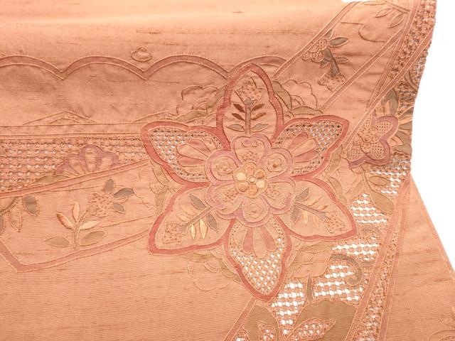 平和屋着物●中国三大刺繍　スワトウ相良刺繍　蘇州刺繍　総刺繍　太鼓柄袋帯　紬地　熨斗花文　正絹　逸品　CABH4912hy