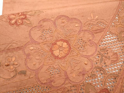 平和屋着物●中国三大刺繍　スワトウ相良刺繍　蘇州刺繍　総刺繍　太鼓柄袋帯　紬地　熨斗花文　正絹　逸品　CABH4912hy