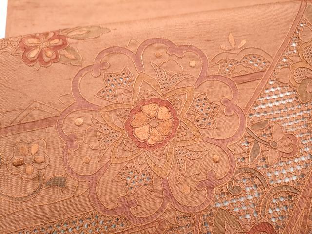 平和屋着物●中国三大刺繍　スワトウ相良刺繍　蘇州刺繍　総刺繍　太鼓柄袋帯　紬地　熨斗花文　正絹　逸品　CABH4912hy