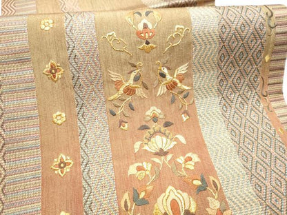平和屋着物●ひなや工房　くむ・あむ・おる　伊豆蔵明彦　太鼓柄袋帯　総刺繍　向かい鳥花文　金糸　正絹　逸品　CABH4914hy
