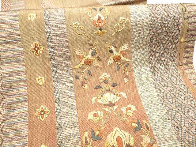 平和屋着物●ひなや工房　くむ・あむ・おる　伊豆蔵明彦　太鼓柄袋帯　総刺繍　向かい鳥花文　金糸　正絹　逸品　CABH4914hy