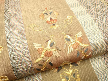 平和屋着物●ひなや工房　くむ・あむ・おる　伊豆蔵明彦　太鼓柄袋帯　総刺繍　向かい鳥花文　金糸　正絹　逸品　CABH4914hy
