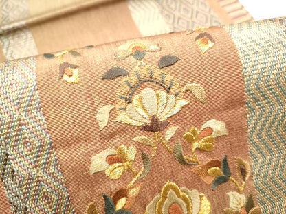 平和屋着物●ひなや工房　くむ・あむ・おる　伊豆蔵明彦　太鼓柄袋帯　総刺繍　向かい鳥花文　金糸　正絹　逸品　CABH4914hy