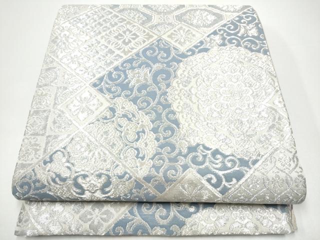 平和屋着物●両面　両方向　全通柄袋帯　藍　蜀江花文　銀sに　正絹　逸品　CABH4923hy