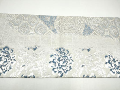 平和屋着物●両面　両方向　全通柄袋帯　藍　蜀江花文　銀sに　正絹　逸品　CABH4923hy