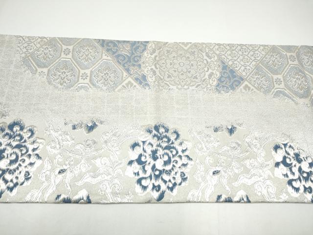 平和屋着物●両面　両方向　全通柄袋帯　藍　蜀江花文　銀sに　正絹　逸品　CABH4923hy