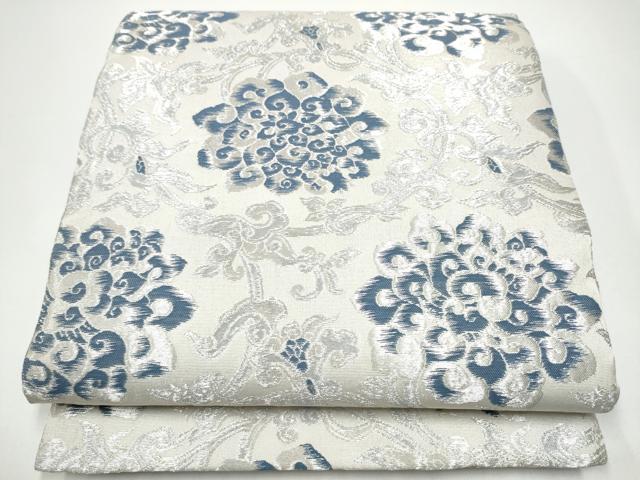 平和屋着物●両面　両方向　全通柄袋帯　藍　蜀江花文　銀sに　正絹　逸品　CABH4923hy
