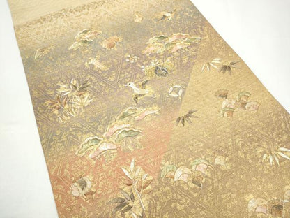 平和屋着物●太鼓柄袋帯　刺繍　飛鶴草花文　金彩　正絹　逸品　CABH4932hy