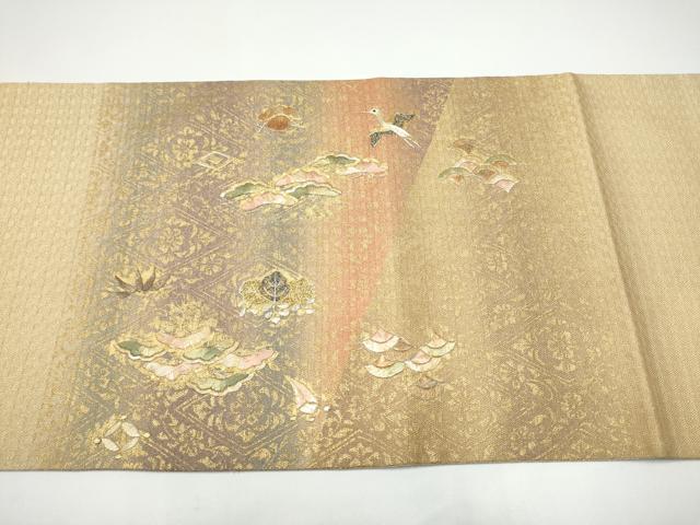 平和屋着物●太鼓柄袋帯　刺繍　飛鶴草花文　金彩　正絹　逸品　CABH4932hy