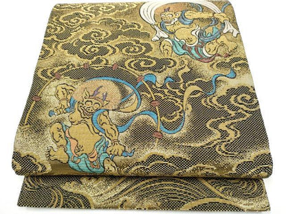 平和屋着物●両面　太鼓柄袋帯　金華山織　風神雷神図　黒地　金糸　正絹　逸品　CABH4946hy