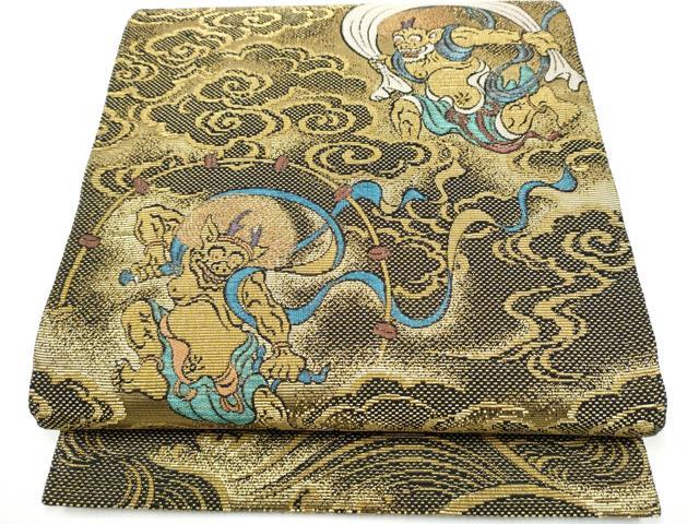 平和屋着物●両面　太鼓柄袋帯　金華山織　風神雷神図　黒地　金糸　正絹　逸品　CABH4946hy