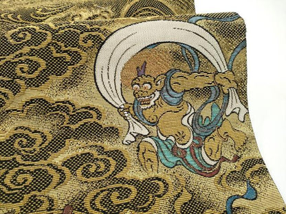 平和屋着物●両面　太鼓柄袋帯　金華山織　風神雷神図　黒地　金糸　正絹　逸品　CABH4946hy