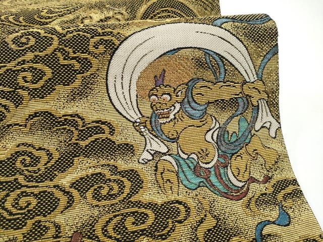 平和屋着物●両面　太鼓柄袋帯　金華山織　風神雷神図　黒地　金糸　正絹　逸品　CABH4946hy