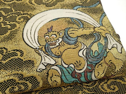 平和屋着物●両面　太鼓柄袋帯　金華山織　風神雷神図　黒地　金糸　正絹　逸品　CABH4946hy