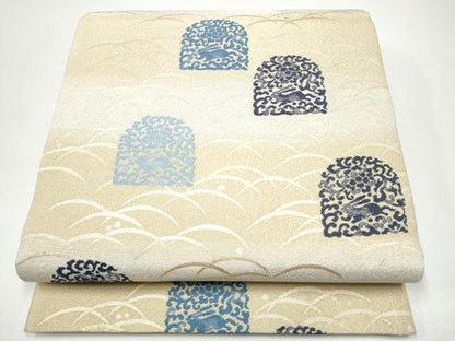 平和屋着物●全通柄袋帯　利休綴れ　藍　兎　花唐草文　金銀糸　正絹　逸品　CABH4957hy