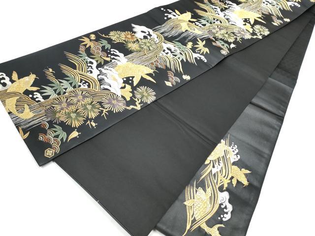 平和屋着物●六通柄袋帯　鯉　流水舞葉文　黒地　金銀糸　正絹　逸品　CABH4973hy