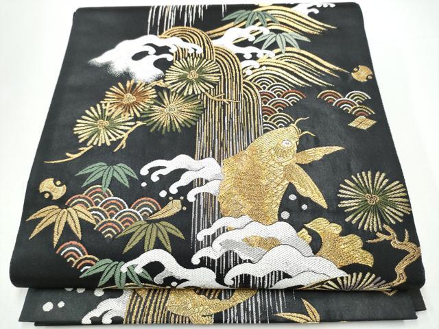 平和屋着物●六通柄袋帯　鯉　流水舞葉文　黒地　金銀糸　正絹　逸品　CABH4973hy