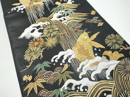 平和屋着物●六通柄袋帯　鯉　流水舞葉文　黒地　金銀糸　正絹　逸品　CABH4973hy