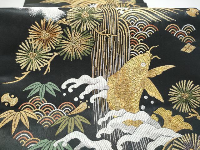 平和屋着物●六通柄袋帯　鯉　流水舞葉文　黒地　金銀糸　正絹　逸品　CABH4973hy