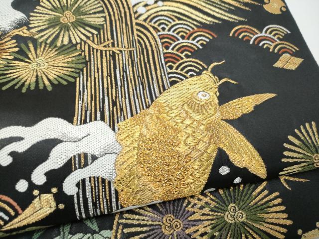 平和屋着物●六通柄袋帯　鯉　流水舞葉文　黒地　金銀糸　正絹　逸品　CABH4973hy