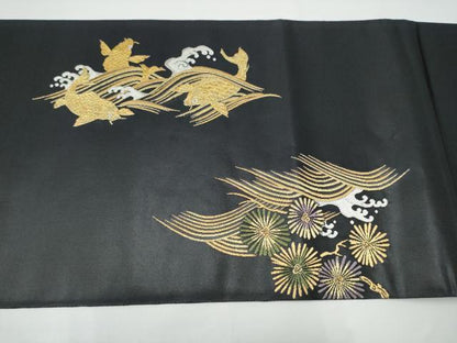 平和屋着物●六通柄袋帯　鯉　流水舞葉文　黒地　金銀糸　正絹　逸品　CABH4973hy