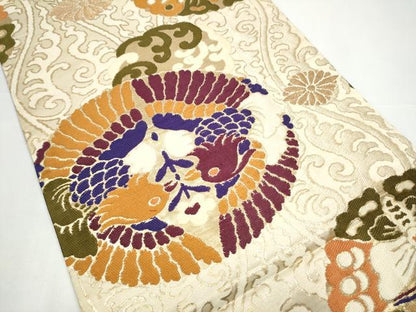 平和屋着物●アンティーク　大正ロマン　丸帯　向かい鳥花文　金糸　引き抜き帯　正絹　逸品　CABH4986hy