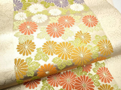 平和屋着物●西陣河村織物謹製・手織り　六通柄袋帯　菊錦刺繍文　金糸　正絹　逸品　CABH4991hy