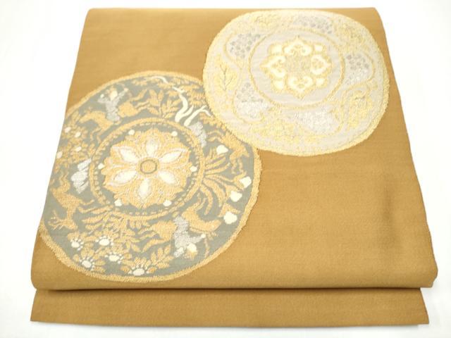 平和屋着物●爪掻き本綴れ　太鼓柄袋帯　絵皿花文　金銀糸　正絹　逸品　CABH4999hy